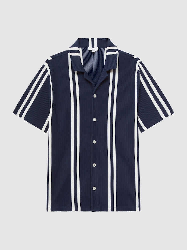 Reiss Navy/White Castle Ribbed Striped Cuban Collar Shirt - Image 2 of 5