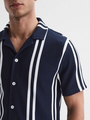 Reiss Navy/White Castle Ribbed Striped Cuban Collar Shirt - Image 4 of 5