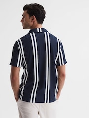 Reiss Navy/White Castle Ribbed Striped Cuban Collar Shirt - Image 5 of 5