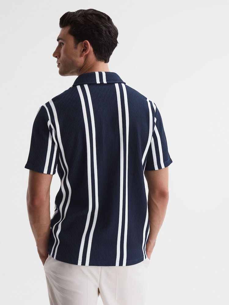 Reiss Navy/White Castle Ribbed Striped Cuban Collar Shirt - Image 5 of 5