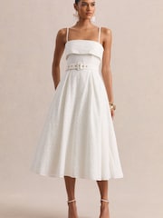 Club L London White Zoeva | Broderie Square-Neck Belted Midi Dress - Image 1 of 5