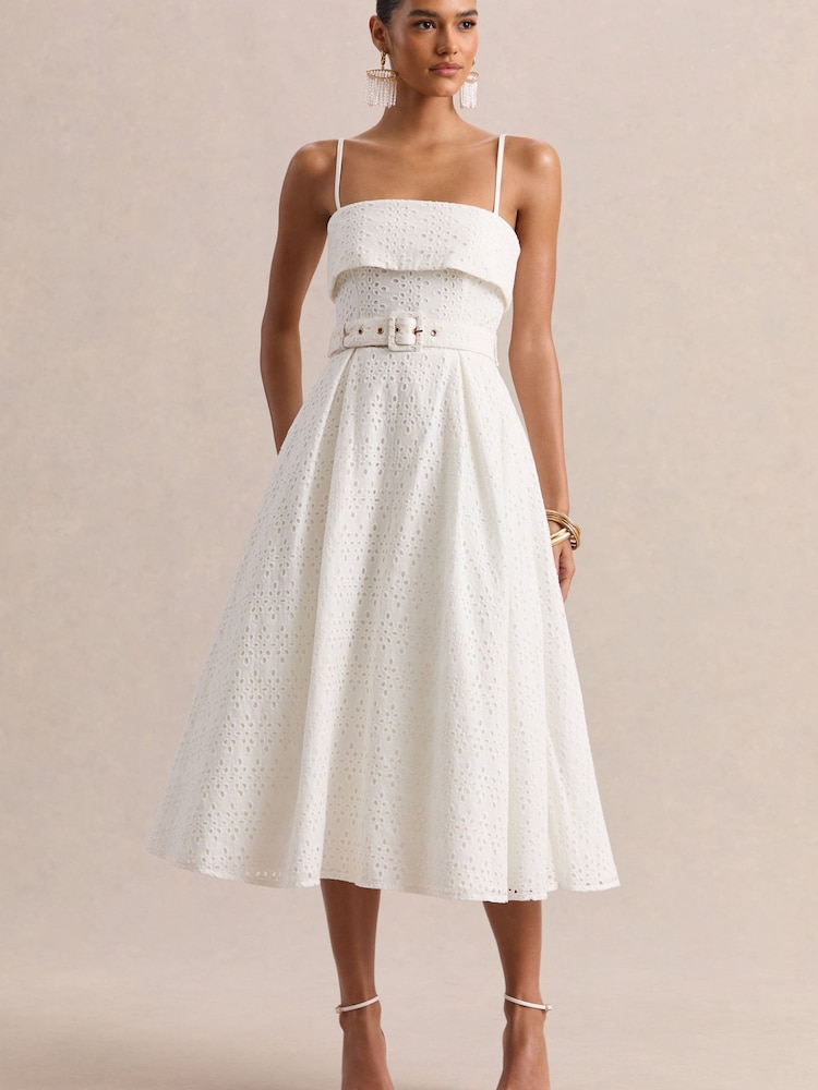 Club L London White Zoeva | Broderie Square-Neck Belted Midi Dress - Image 1 of 5