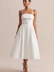 Club L London White Zoeva | Broderie Square-Neck Belted Midi Dress - Image 2 of 5