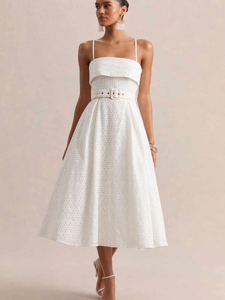 Club L London White Zoeva | Broderie Square-Neck Belted Midi Dress - Image 2 of 5