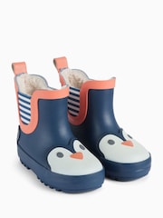 KIDLY by MORI Blue Short Penguin Print Fur Lined Wellie - Image 1 of 3