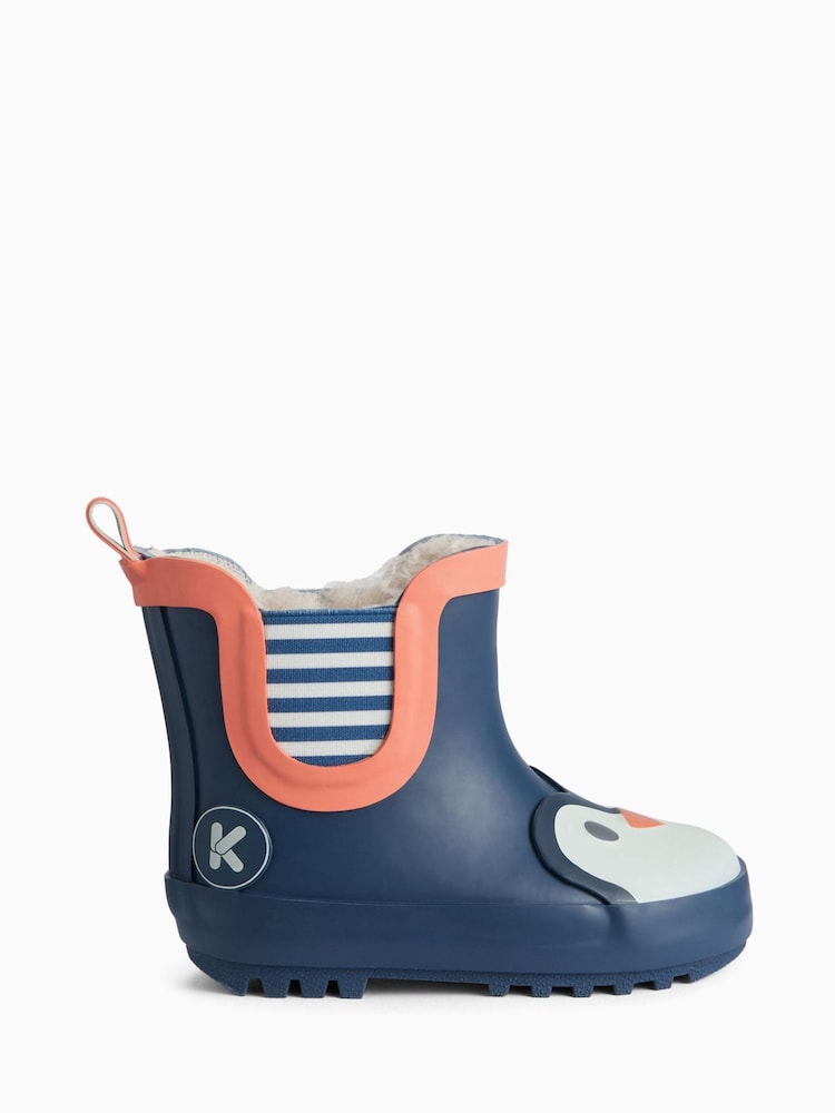 KIDLY by MORI Blue Short Penguin Print Fur Lined Wellie - Image 2 of 3 KIDLY by MORI Blue Short Penguin Print Fur Lined Wellie - Image 2 of 3