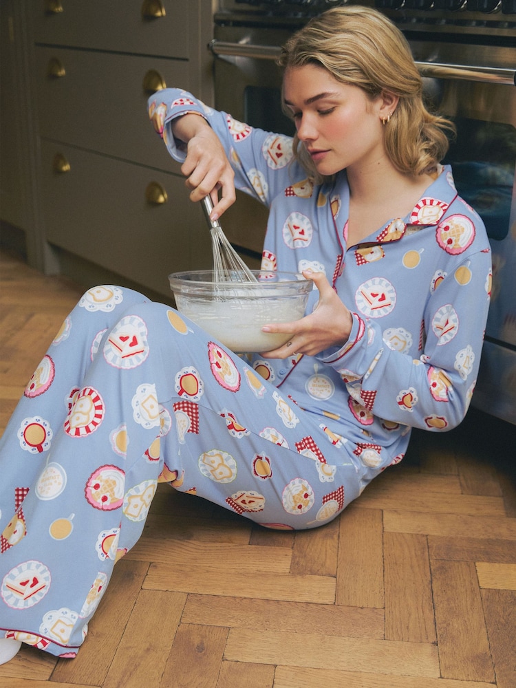Urban Threads Blue Breakfast Club Print Long Pyjamas Set - Image 1 of 4