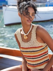 Friends Like These Orange/Blue Stripes Crochet Square Neck Vest Top - Image 1 of 4