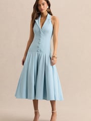 Club L London Blue Elise | Plunge-Neck Midi Dress With Drop-Waist - Image 1 of 7
