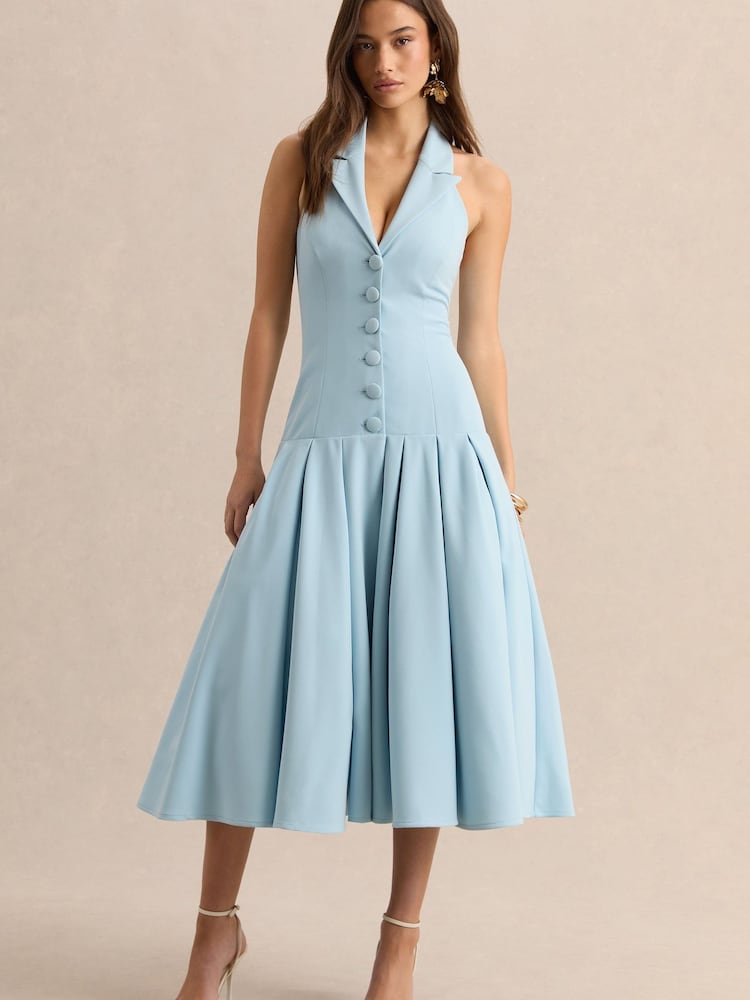 Club L London Blue Elise | Plunge-Neck Midi Dress With Drop-Waist - Image 2 of 7