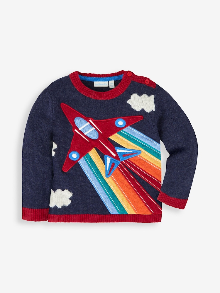 JoJo Maman Bébé Navy Blue Red Arrows Appliqué Scene Jumper - Image 1 of 2