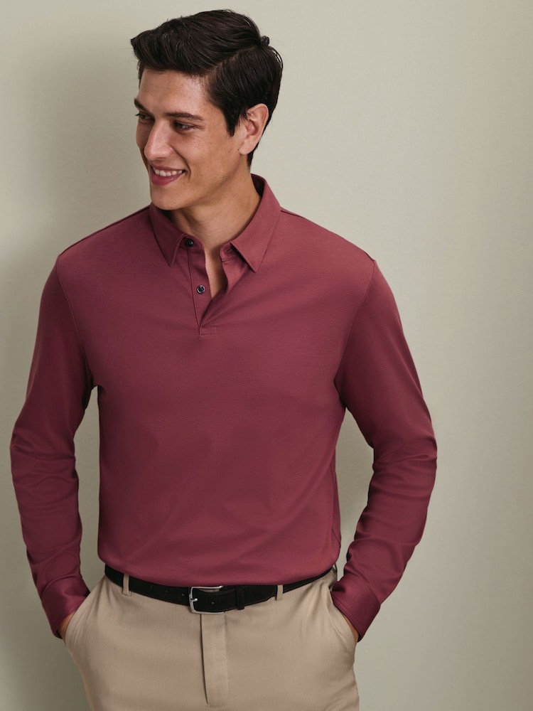 Charles Tyrwhitt Pink 100% Cotton Plain Long Sleeve Jersey Polo Shirt - Image 1 of 6