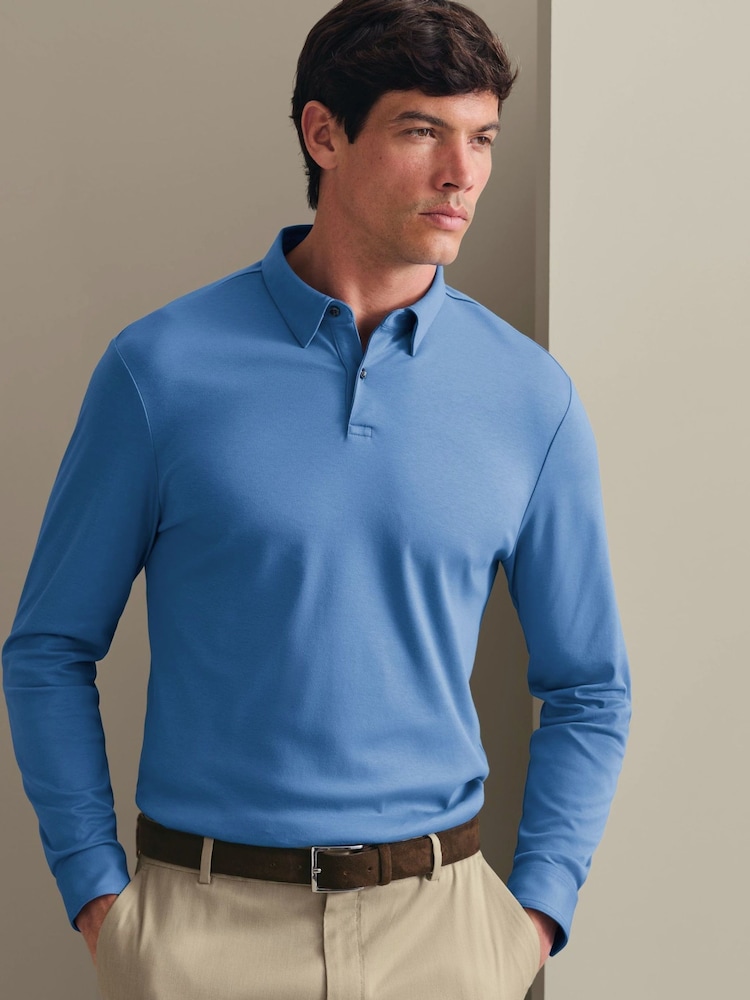 Charles Tyrwhitt Blue Long Sleeve Cotton Polo Shirt - Image 1 of 5