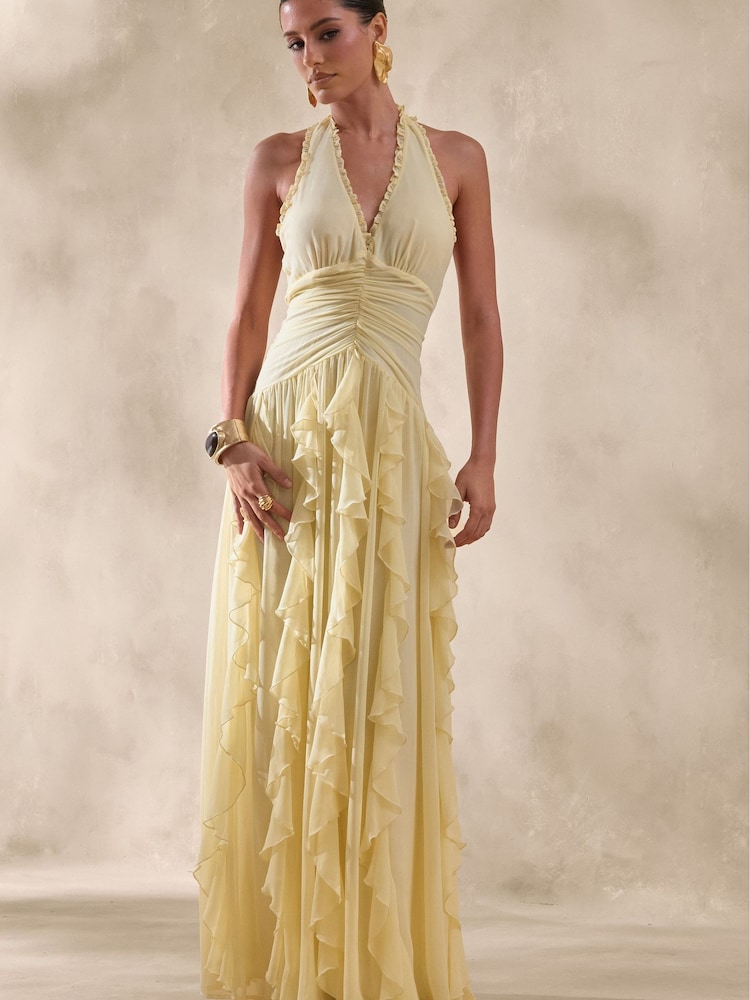 Club L London Yellow Bea | Lemon Plunge-Neck Ruffled Maxi Dress - Image 1 of 5