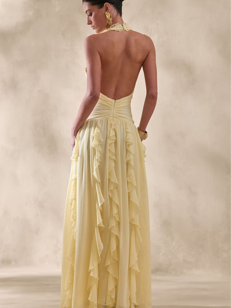 Club L London Yellow Bea | Lemon Plunge-Neck Ruffled Maxi Dress - Image 2 of 5