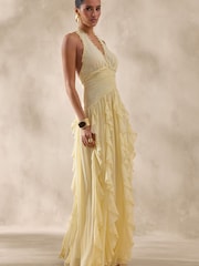 Club L London Yellow Bea | Lemon Plunge-Neck Ruffled Maxi Dress - Image 3 of 5