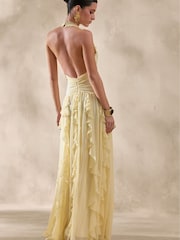 Club L London Yellow Bea | Lemon Plunge-Neck Ruffled Maxi Dress - Image 4 of 5