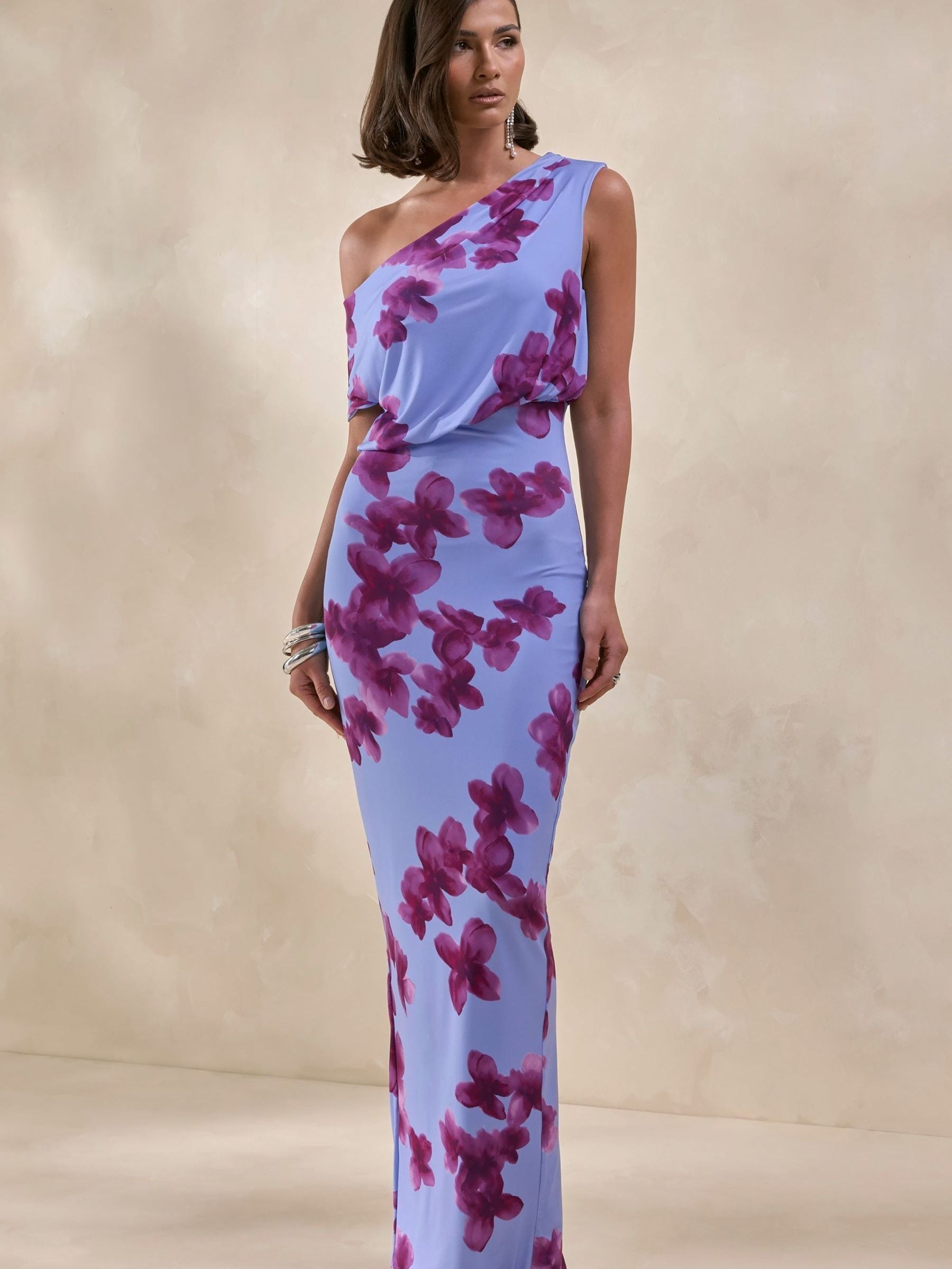Buy Club L London Blue Louisa | Blurred Floral Print Asymmetric