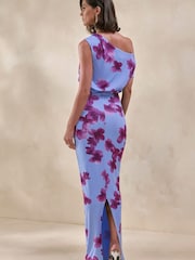 Club L London Blue Louisa | Blurred Floral Print Asymmetric-Neck Maxi Dress - Image 2 of 8