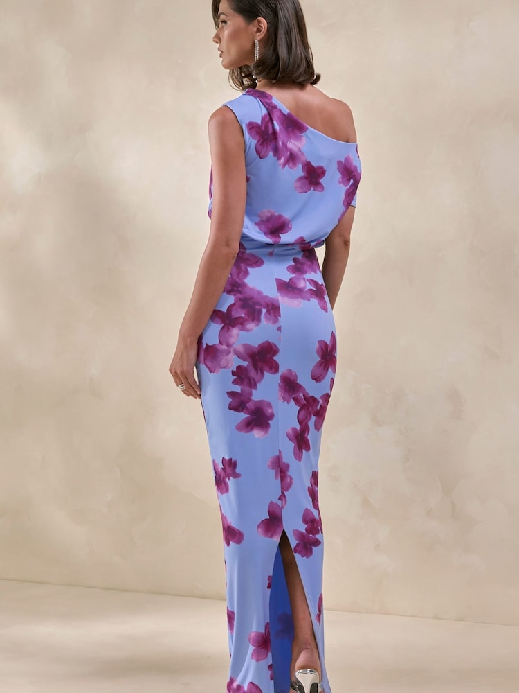 Club L London Blue Louisa | Blurred Floral Print Asymmetric-Neck Maxi Dress - Image 2 of 8 Club L London Blue Louisa | Blurred Floral Print Asymmetric-Neck Maxi Dress - Image 2 of 8
