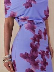 Club L London Blue Louisa | Blurred Floral Print Asymmetric-Neck Maxi Dress - Image 3 of 8