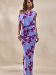 Club L London Blue Louisa | Blurred Floral Print Asymmetric-Neck Maxi Dress - Image 4 of 8