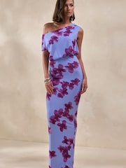 Club L London Blue Louisa | Blurred Floral Print Asymmetric-Neck Maxi Dress - Image 6 of 8