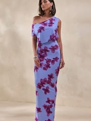 Club L London Blue Louisa | Blurred Floral Print Asymmetric-Neck Maxi Dress - Image 7 of 8