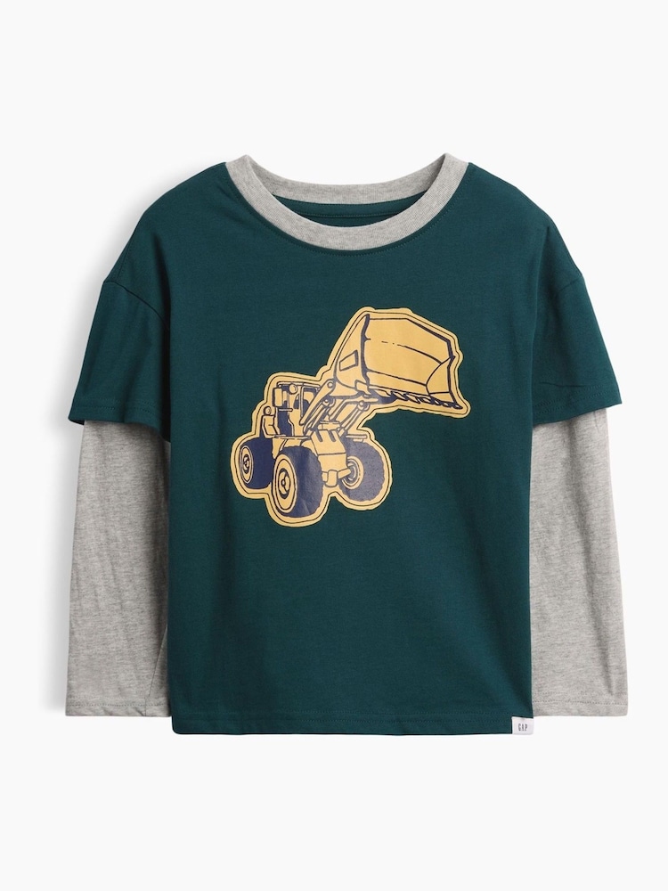 Gap Green/Grey Digger Graphic Long Sleeve T-Shirt (6mths-5yrs) - Image 1 of 3