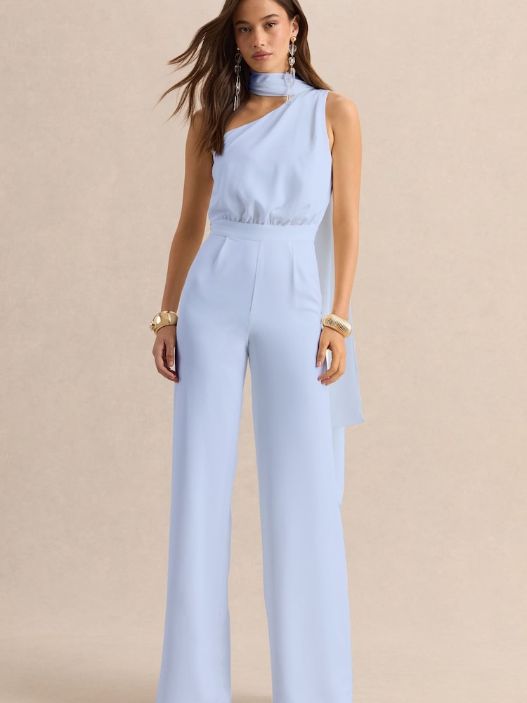 Club L London Blue Gliselle | Asymmetric-Neck Jumpsuit With Scarf-Detail - Image 2 of 6 Club L London Blue Gliselle | Asymmetric-Neck Jumpsuit With Scarf-Detail - Image 2 of 6