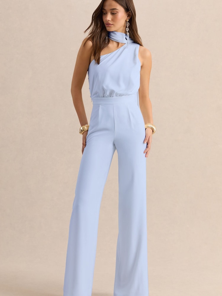 Club L London Blue Gliselle | Asymmetric-Neck Jumpsuit With Scarf-Detail - Image 6 of 6 Club L London Blue Gliselle | Asymmetric-Neck Jumpsuit With Scarf-Detail - Image 6 of 6