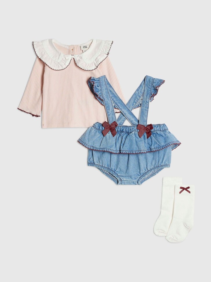 River Island Blue Bow Denim Frill Bloomer 3 Piece Set