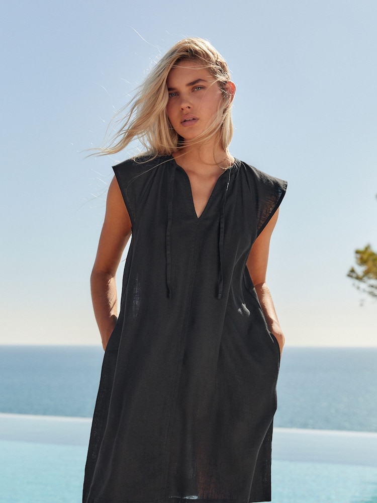 Black Linen Blend Tie Neck Mini Summer Dress - Image 1 of 6