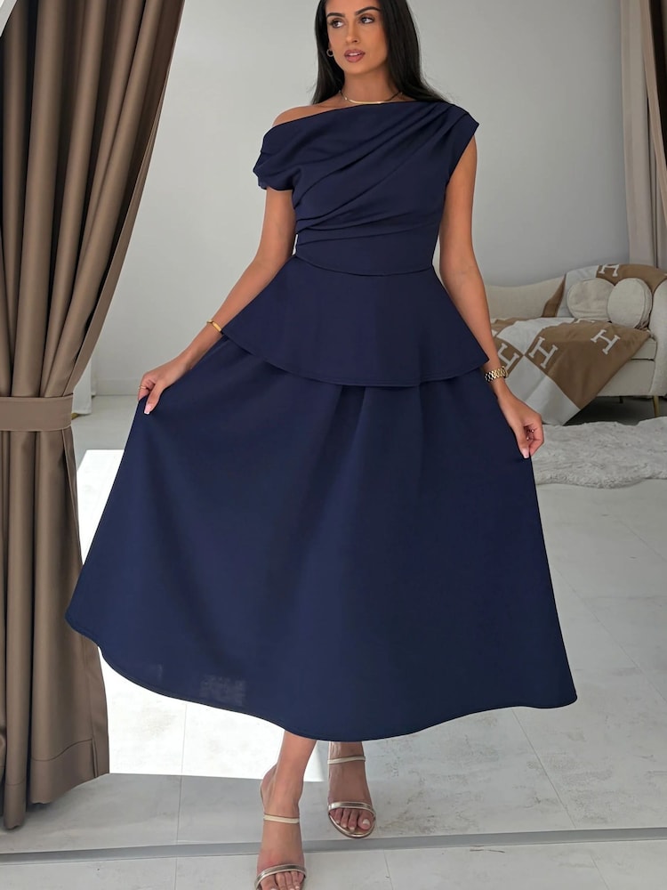 Girl In Mind Blue Connie Peplum Midi Dress - Image 1 of 6 Girl In Mind Blue Connie Peplum Midi Dress - Image 1 of 6
