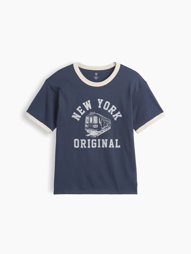 Gap Blue Relaxed New York Graphic Ringer T-Shirt (4-13yrs) - Image 1 of 3 Gap Blue Relaxed New York Graphic Ringer T-Shirt (4-13yrs) - Image 1 of 3