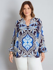 Live Unlimited Blue Placement Print Nehru Collar Blouson Long Sleeve Blouse - Image 1 of 5