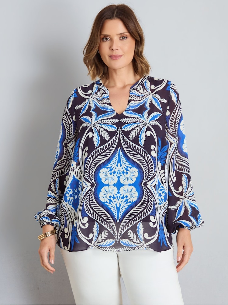 Live Unlimited Blue Placement Print Nehru Collar Blouson Long Sleeve Blouse - Image 1 of 5 Live Unlimited Blue Placement Print Nehru Collar Blouson Long Sleeve Blouse - Image 1 of 5