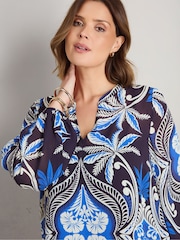 Live Unlimited Blue Placement Print Nehru Collar Blouson Long Sleeve Blouse - Image 3 of 5