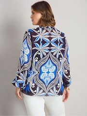 Live Unlimited Blue Placement Print Nehru Collar Blouson Long Sleeve Blouse - Image 4 of 5