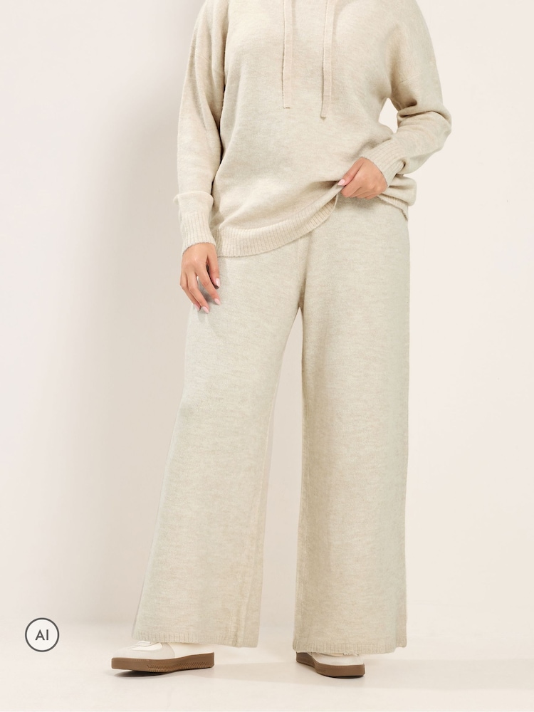 Yours Curve Cream Knitted Wide Leg Trousers - Image 1 of 6