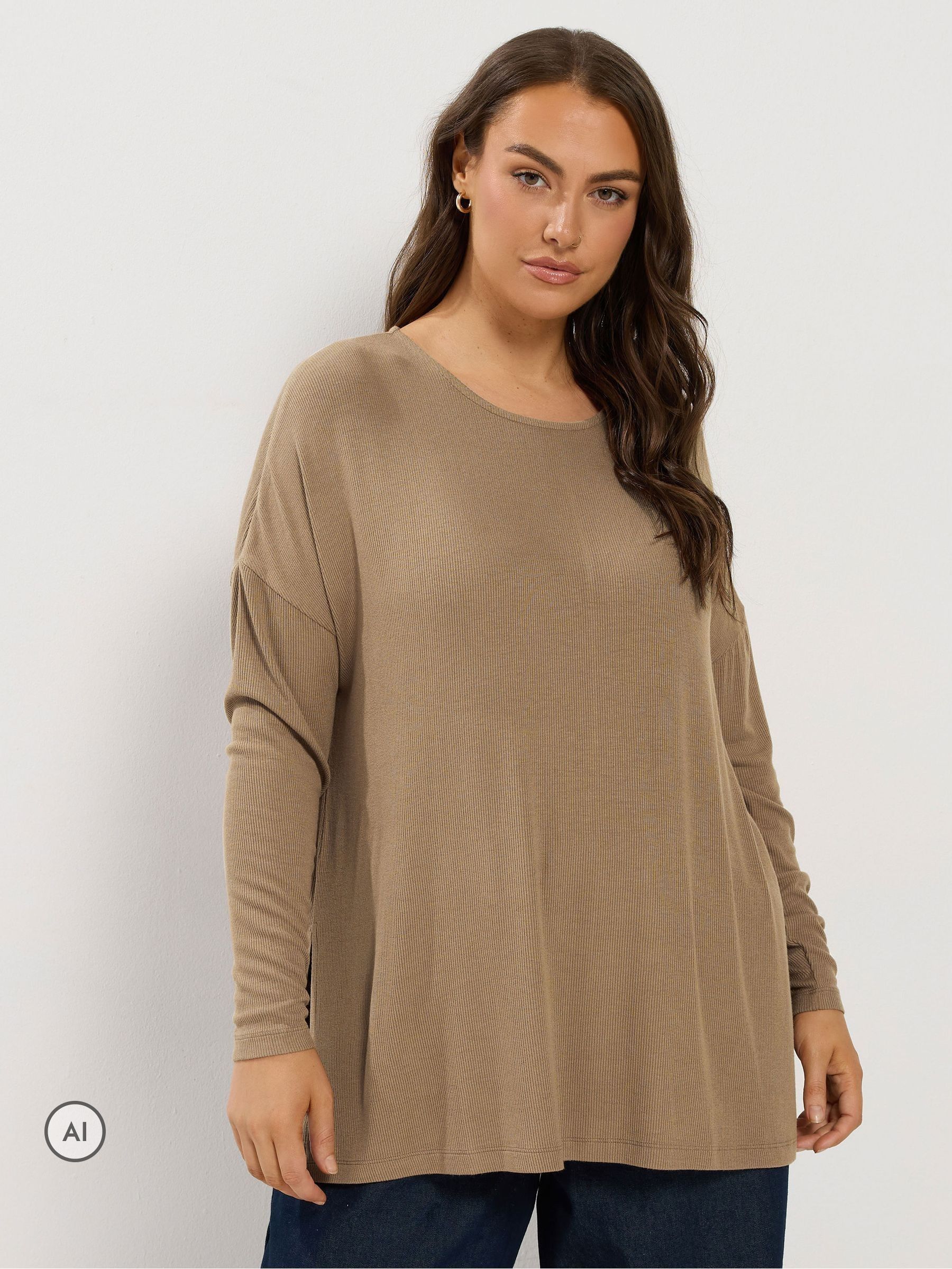 Yours Women's Brown Side Split Ribbed Top In | Size: 34/36 - Image 2
