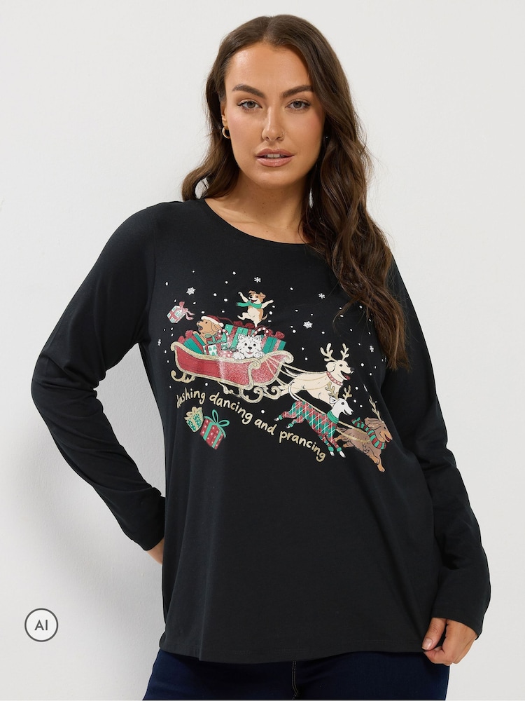 Yours Curve Black 'Dashing Dancing and Prancing' Novelty Christmas T-Shirt - Image 1 of 6