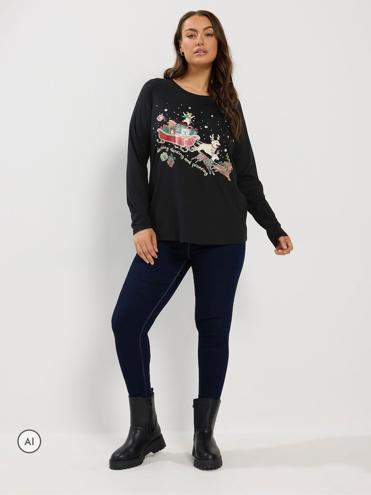 Yours Curve Black 'Dashing Dancing and Prancing' Novelty Christmas T-Shirt - Image 2 of 6
