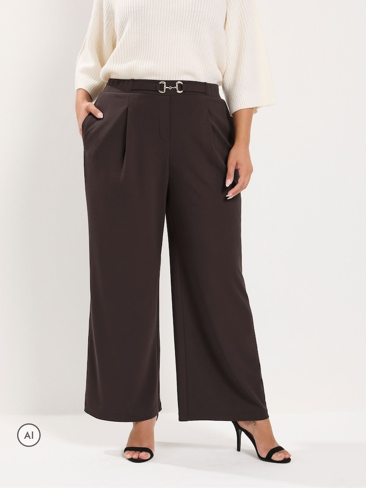 Yours Curve Brown Wide Leg Buckle Trousers - Image 1 of 6