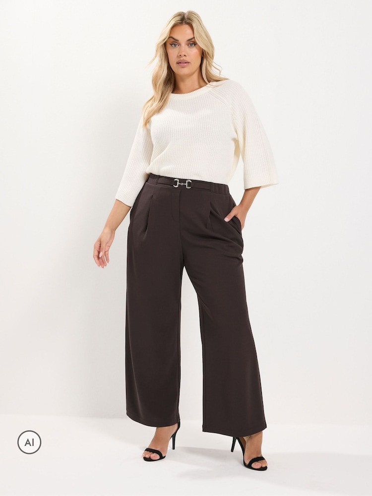 Yours Curve Brown Wide Leg Buckle Trousers - Image 2 of 6