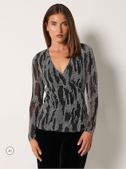 Long Tall Sally Black Metallic Wrap Top - Image 1 of 6