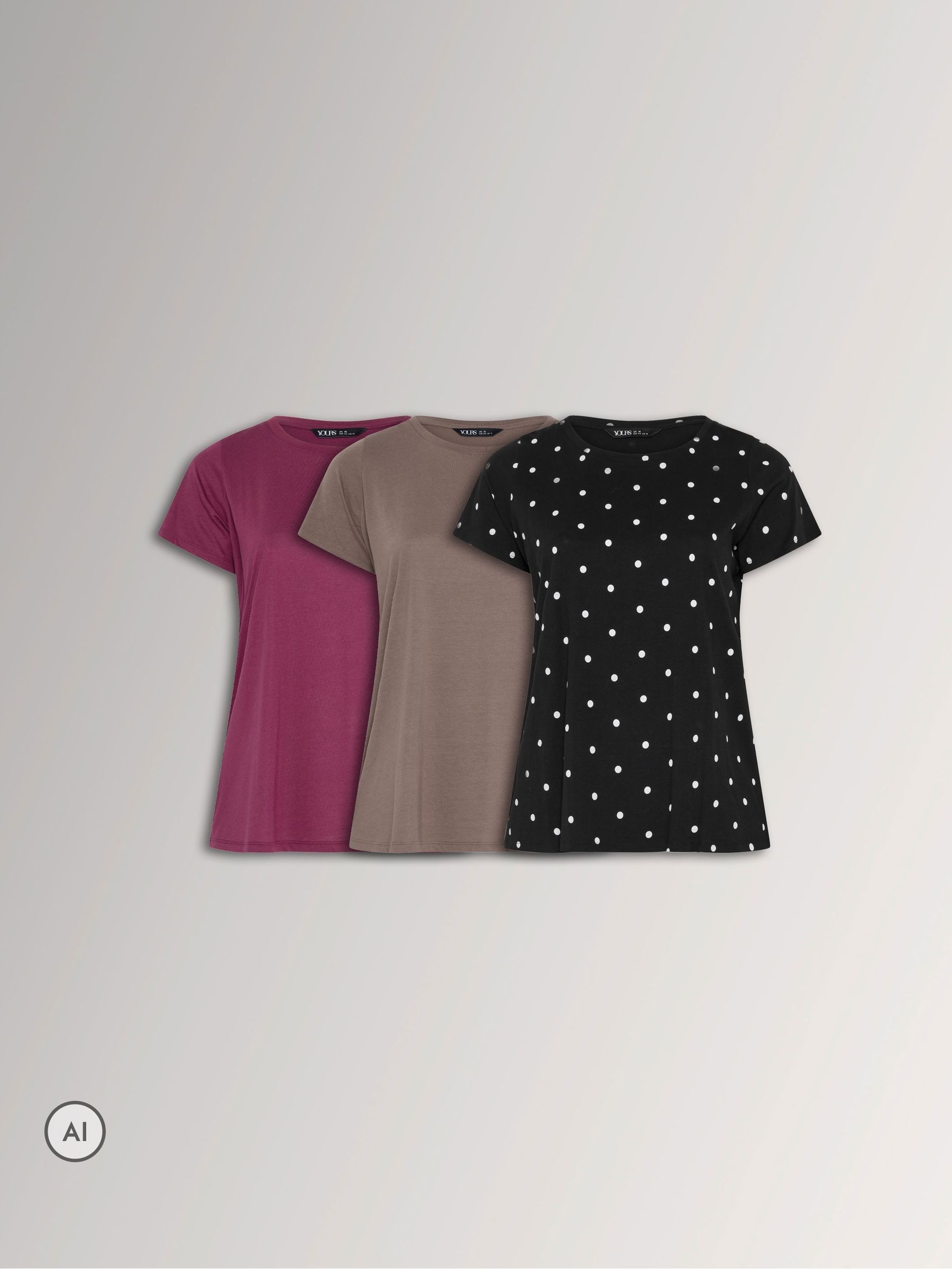 Yours Curve Women's Black/Brown/Purple Core T-Shirts 3 Pack - Image 1