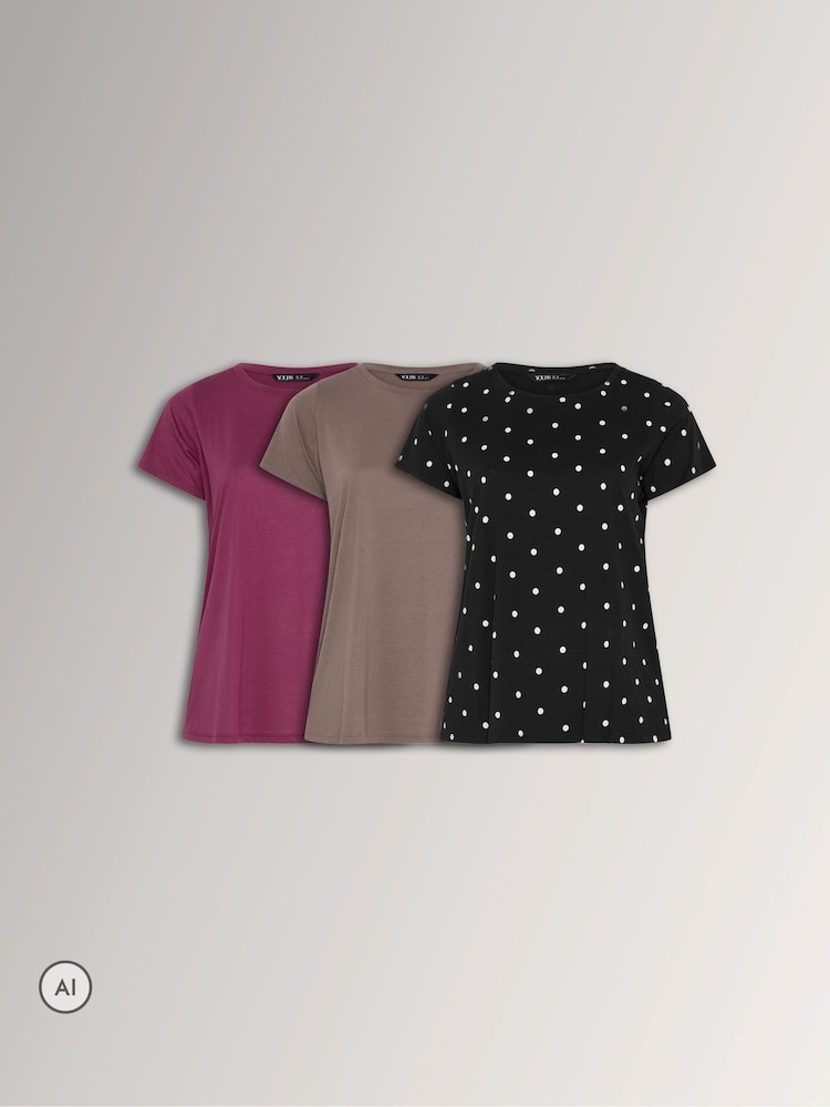 Yours Curve Black/Brown/Purple Core T-Shirts 3 Pack - Image 1 of 9