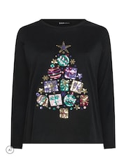 Yours Curve Black Sequin Christmas Tree Novelty T-Shirt - Image 4 of 6