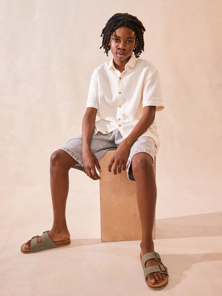 Ecru White 100% Cotton Short Sleeve Textured Shirt (3-16yrs) - Image 2 of 7 Ecru White 100% Cotton Short Sleeve Textured Shirt (3-16yrs) - Image 2 of 7